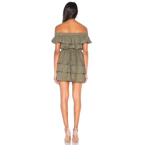 SIR The Label / Revolve Stefi Linen Off Shoulder Ruffle Mini Dress in Dark Olive - Picture 6 of 11